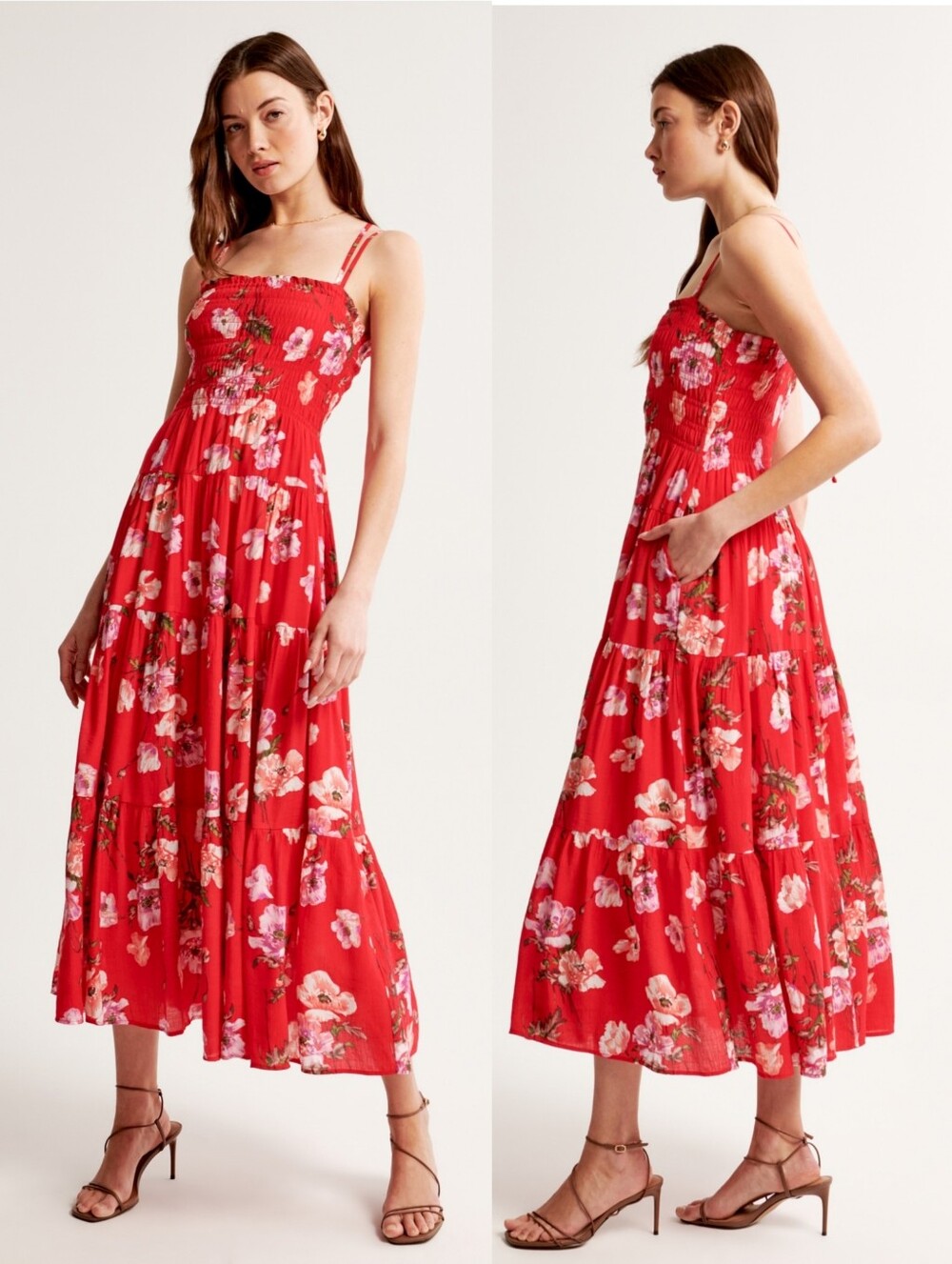 Abercrombie & Fitch Smocked Bodice Maxi Dress in a red floral print Medium
